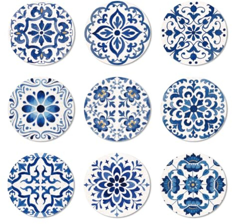 ANATTASOUL Untersetzer Holz Rund, 9 Stück Blaues spanisches Muster Holzuntersetzer Wiederverwendbare Untersetzer Gläser, Tasse Coaster Mat für Zuhause Büro und Bar Tischdeko Sommer