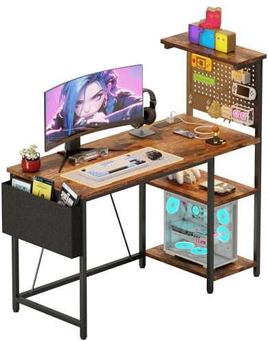 Xyphren Gaming Desk with Pegboard & Power Outlet & LED Light, Small Computer Desk with Reversible Shelves for Corner Home Office Desk, 100 * 50cm, Brown