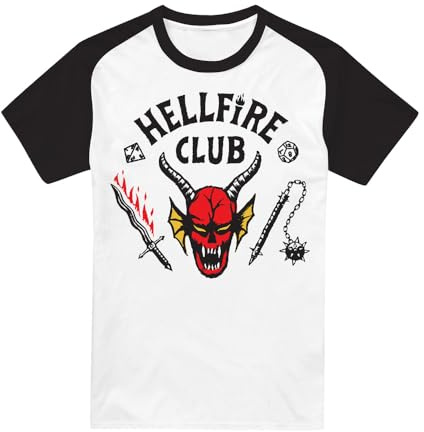 Stranger Things Hellfire Club Raglan T-Shirt Baseball à Manches Courtes, Blanc Noir, XL