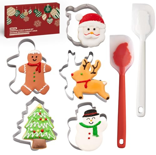Christmas Cookie Cutter Set - 7 Pieces Holiday Cookie Cutters with Silicone Spatula, Stainless Steel Baking Mold, Christmas Tree, Santa Claus Cookie Cutter, Holiday Decoration Party Supplies(Style 01)
