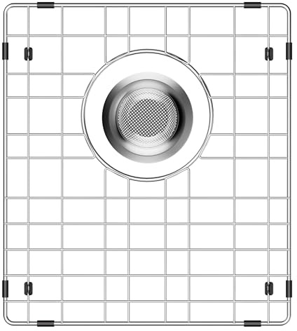 Protezione per lavello da cucina, 38 x 33 cm, griglia per lavello in acciaio inox per fondo del lavandino, griglia per lavello in metallo con filtro, scarico posteriore per vasca singola con raggio