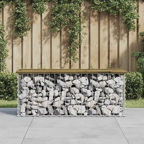 Hoopleep Banc de jardin en gabions, 103 x 31,5 x 42 cm, pin imprégné, acier galvanisé robuste, siège d'extérieur