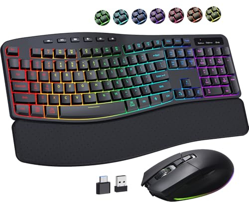 RGB Wireless Keyboard Mouse Combo with Ergonomic Wave, Silent Rechargeable