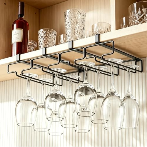 Mxdzshy 4 Pezzi Porta Calici Sottopensile Porta Bicchieri Sospeso Metallo | Portabicchieri da Vino Sospesi Supporto Bicchieri Vino Senza Foratura Reggi Calici da Mensola per Cucina Bar Ristorante Nero