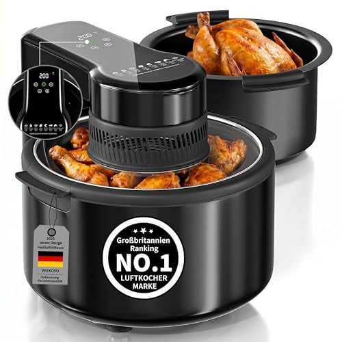 Heißluftfritteuse Airfryer, 5.5L, herausnehmbare Glasbehälter & Deckel, beleuchtetes Sichtfenster, ölfreies Frittieren, 90% weniger Fett, leicht zu Reinigen, kompakt (schwarz)