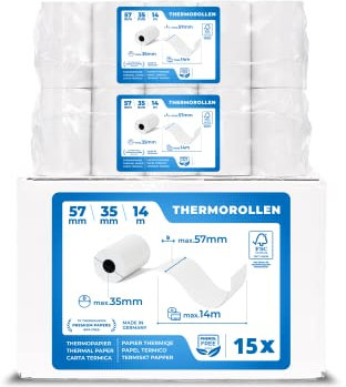 15 x EC Cash Thermorollen - Breite: 57 mm – Durchmesser: 35 mm - Hülsendurchmesser: 12 mm – Länge: 14 m - für Bondrucker, EC-Terminals, etc.