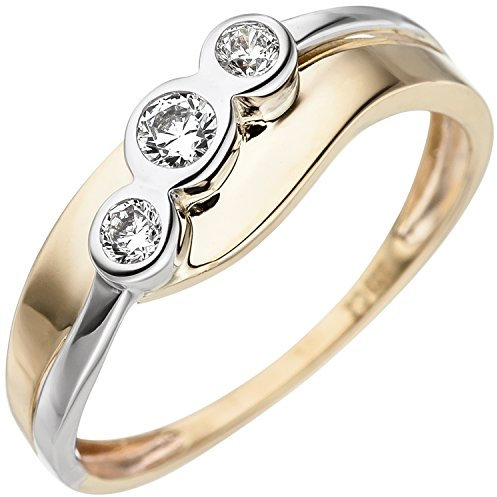 Jobo Damen Ring 333 Gold Gelbgold Weißgold bicolor 3 Zirkonia Goldring Größe 58