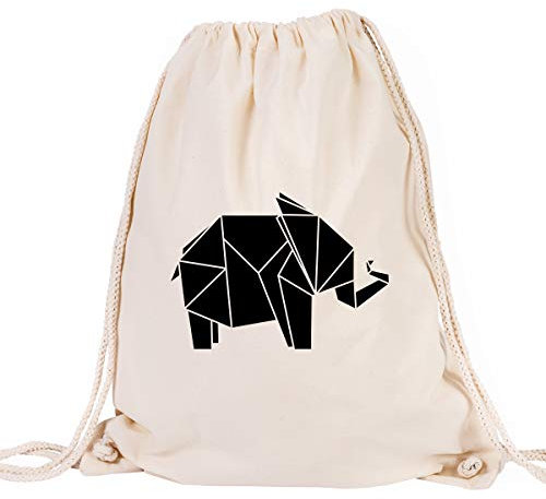 JUNIWORDS Turnbeutel - Wähle ein Motiv & Farbe - Origami Elefant (Beutel: Natur, Motiv: Schwarz)