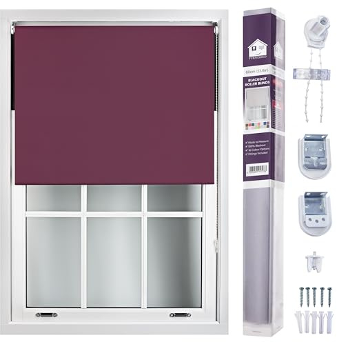 FURNISHED Roller Blinds Window Blackout Blind - 100% Black Out Thermal Fabric Easy Fit Fittings - Custom Made to Measure Blackout Blind Bedroom Bathroom Kitchen, Aubergine, Up to 60W x 210H cm