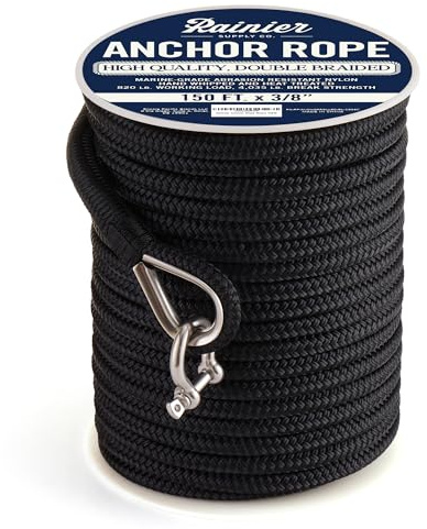 Rainier Supply Co. Boat Anchor Line - 150 ft x 3/8 inch Anchor Rope - Double Braided Nylon Anchor Boat Rope with 316SS Thimble and Heavy Duty Marine Grade Snap Hook - Black