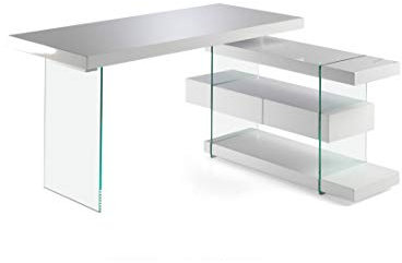 Angel CERDÁ - Bureau à Angle. Bois laqué Blanc Brillant avec tiroirs à Fermeture Douce et étagères en Bois laqué. Côtés en Verre Trempé. Bureau en Forme de L