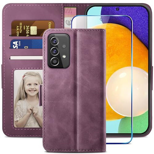 YATWIN Compatible with Samsung Galaxy A52s/A52 5G Case, Flip Wallet Leather Case with Tempered Glass Screen Protector and Card Slot Kickstand Phone Cases Cover for Samsung A52s/A52 5G - Wine Red
