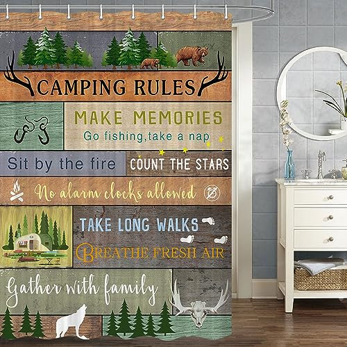 Cortina de ducha RV para caravana remolque, camping, baño, tienda de campaña con árboles y cortina de baño de montaña, juego de cortina de ducha de camping, cortina de ducha más corta y estrecha con