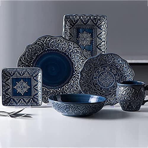 JMBK Ensemble Dîner 12 Pièces, Ensemble de Vaisselle de Base avec Assiettes Et Assiettes Creuses en Porcelaine Premium pour 4 Personnes, Service De Table Moderne, Vaisselle,Bleu