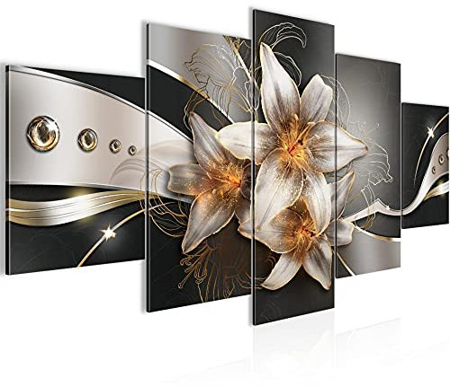 Runa Art Murali Da Parete Fiori Gigli 5 Pezzi Quadro Tela Non Tessuta Decorazione Soggiorno Astratto Giallo Oro 039652a