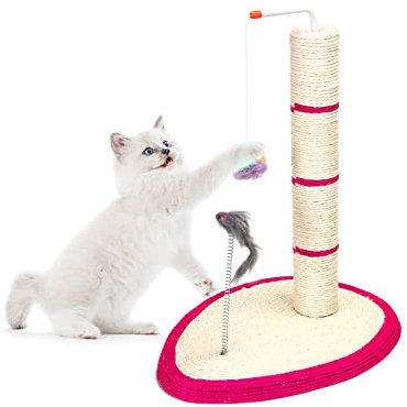 Nobleza - Cat Scratching Post for Indoor Cats and Kittens 19.3in Tall Cat Scratch Pole with Sisal Rope Cat Claw Scratcher with Hanging Plush Ball Toys and Spring Mouse Toys (Include Beads), Rose Red