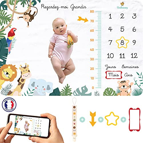 Dolbomy Couverture Etape pour Bebe en Francais - pour Fille ou Garcon - Inclus Toise pour Suivre la Croissance de Bébé - Gardez en Photo Les Premiers Mois de Votre Enfant - Cadeau
