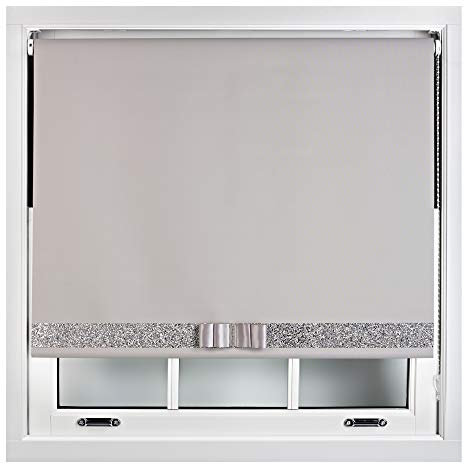 FURNISHED Blackout Roller Blinds Decorative Glitter Fabric & Bow - Trimmable - Grey 205W x 165H cm