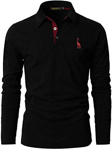 GNRSPTY Mens Polo Long Sleeve Shirt Cotton Golf Giraffe Tops,Black,3XL