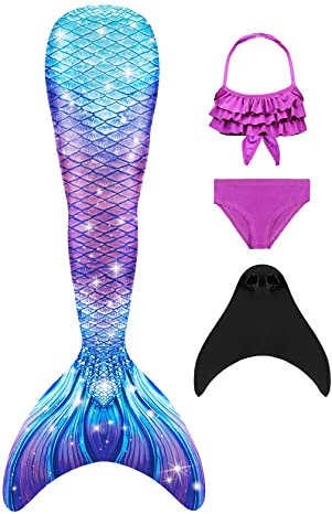 DNFUN meerjungfrauenflosse mädchen Badeanzug - Meerjungfrauenschwanz Schwimmen für Kinder Meerjungfrau Flosse Bademode mit Bikini Set und Monoflosse Mermaid Tail