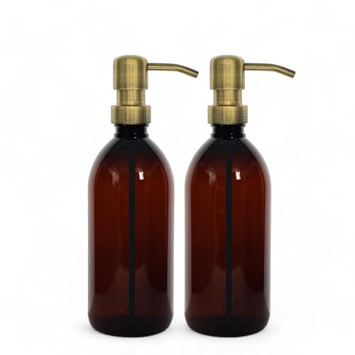 AVALON Brown Amber Plastic Bottles - Antique Brass Style Metal Pump 500ml - Pack of 2 - Refillable Plastic Soap Dispenser Bottle for Bathroom/Kitchen - Hand Wash, Body Lotion, Shampoo, Shower Gel.