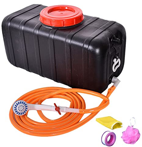 Seau de Rangement de Douche extérieur Portable avec Couvercle et poignée, Grand récipient de Stockage d'eau en Plastique Noir, Seau de Douche Solaire avec Robinet et Tuyau de buse (Version améliorée