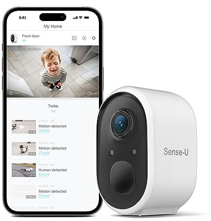 Sense-U Outdoor Wireless Überwachungskamera 2, für Außen & Innen mit HD Video/Keine Monatliche Gebühr/Wiederaufladbar/Nachtsicht/PIR Bewegungserkennung/Sirenenenalarm/Aktivitätszone/Wasserdicht