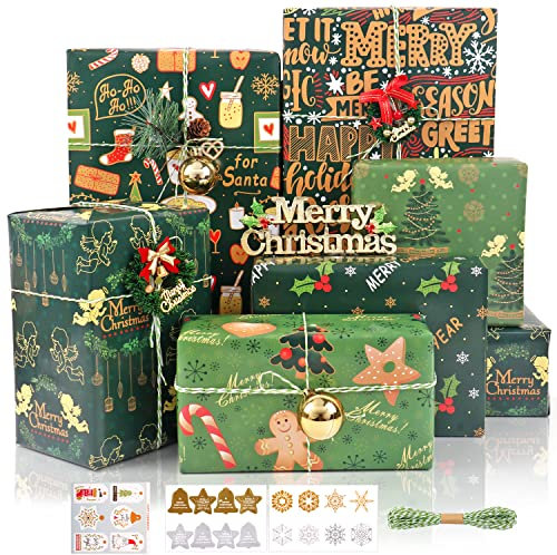 Christmas Wrapping Paper, 6 Sheets Green Christmas Wrapping Paper Set with Tags Stickers and Ribbon, Xmas Wrapping Paper for Gifts DIY Crafts Party Decorations, 50x70CM
