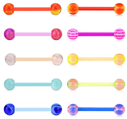 Funseedrr Zungenpiercing Nippelpiercing Brustwarzenpiercing Set Bioflex Kunststoff 12/14/16/18mm Zunge Nippel Piercing Stab Kugeln