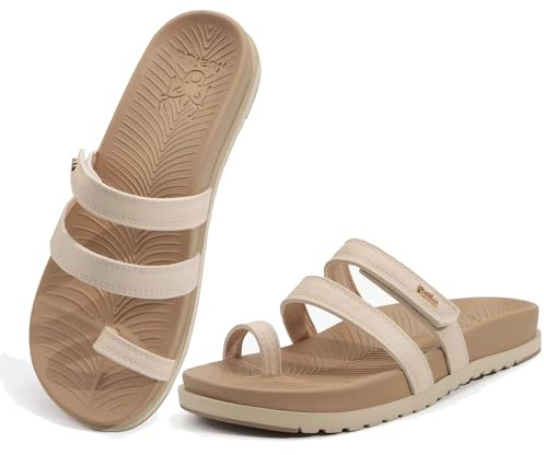 KuaiLu Womens Slides Sandals With Arch Support Comfort Plantar Fasciitis Yoga Mat Cushion Sandals Fashion Summer Beach Walking Adjustable Ladies Flat Orthopedic Slip On Sandles Beige Size 9