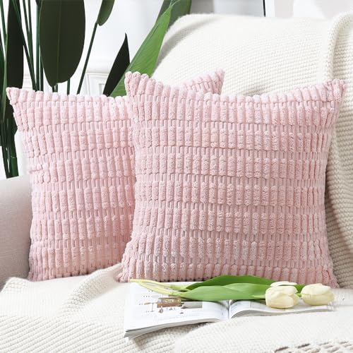 Madizz 2er Set Boho Gestreifte Kissenbezüge Weicher Kordsamt Dekorativer Kissenbezug für Sofa Schlafzimmer Kissenhülle Hellrosa 60 x 60 cm