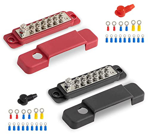 12-48V Bus Bar 12 Terminal Distribution Block, Distribution Block Terminal Block, Bus Bar Terminal Block with 32 Wire Lugs, Power Distribution Block for Car, RV, Yacht, Ship(Red&Black)