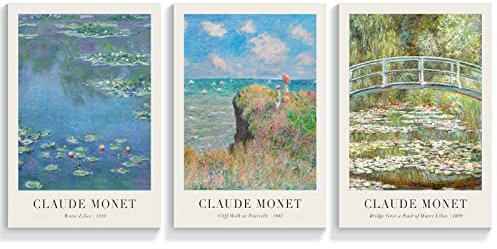 NONPAI Vintage Claude Monet Poster Famous Water Lilies Canvas Wall Art Cliff Walk At Pourville Print Painting Botanical Floral Pictures Wall Decor for Living Room Bedroom 3 Set 12x16in Unframed