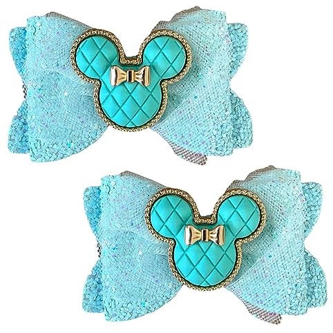 Minnie Mouse Turquoise Glitter Hair Bows, Clips, Grips Accessory Cute Girls Slides Mickey Embellishment 9.5cm x 6cm Handmade 2pcs