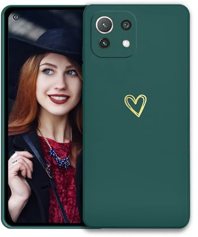 POUHYE Handyhülle für Xiaomi Mi 11 5G Hülle, Soft Silikon Case mit Herz, Kameraschutz und Bildschirmschutz, Ultra Dünn Stoßfest Anti-Rutsch Schutzhülle für Xiaomi Mi 11 5G Dunkelgrün