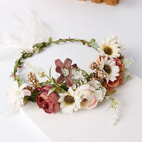 Blumenkranz Haare Haarkranz Blumen Haarreif, Blumenmädchen Stirnbänder Kopfschmuck Floral Girlande Blumenstirnband Verstellbarer Gürtel für Hochzeit Zeremonie Party Festival,Sekt