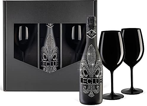 Das Sekt Geschenkset BLING!| LECLUB DIAMOND black- trocken (0,75 l) mit 2 Champagnergläser aus Kristallglas schwarz