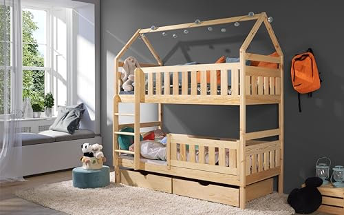 KEF Noah Etagenbett Kinder 200x90 cm - Hausbett - Holz Kinderbett - für Zwei Kinder - Holzbett mit Schubladen - Massivholz Kinder Bett mit Lattenrost - mit Matratze - Kiefer - Leiter Links