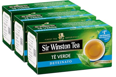 Sir Winston Tea, Tè Verde Deteinato, 60 Filtri (3 Confezioni da 20 Filtri), Gusto Ricco, Ideale in Ogni Momento, Senza Lattosio, Glutine e Allergeni, Vegan