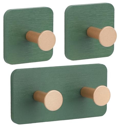 Segus Handtuchhalter Holz, 3 Stück Haken Selbstklebend, Handtuchhalter Ohne Bohren Holz, Handtuchhalter Bambus für Schlafzimmer Wohnzimmer Flure (Grün)