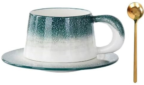 FülleMore modern Kaffeetasse mit Unterteller und Löffel Set 220ml Espressotassen Cappuccino Tassen Büro Zuhause Porzellan Teetasse Kaffeeservice Set für Kaffee,Latte, Mokka, Müsli,Kakao (Grün)