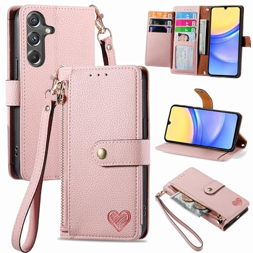 VEEMOS Zipper Wallet Case for Samsung Galaxy A15 4G 5G Phone Case with Purse Card Holders RFID Blocking Leather Flip Case Book Cover Wrist Strap Women - Pink