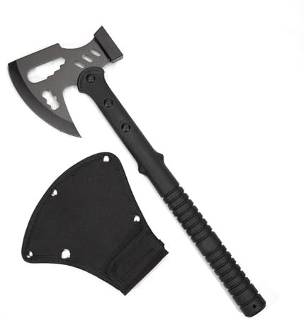 KHU Ascia Spaccalegna Ascia Sopravvivenza Tomahawk Accetta Espositiva Campeggio per esterno Con Fodero in Nylon - All'aperto per legno, caccia, giardinaggio (Nero - 03A)