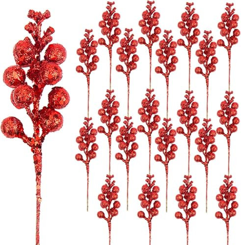 SULOLI 20pcs Branches de Baies de Houx,Baies Rouges Baies de Houx de Noël Baies Artificielles pour Décorations Arbre de Noël et de Couronnes de Noël Faisant des Fournitures (20CM)
