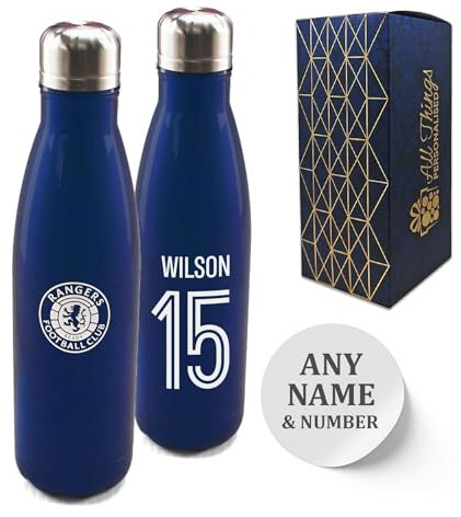 Personalised Thermal Bottle, Made with Official Rangers F.C. Flask Painted, Customise with Name and Number, 500ml/17oz Capacity, Gift Boxed, Gift for Him, Stainless Steel Vacuum Bottle