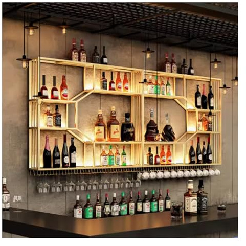 AYHARYLH Wand Holz Weinregal Glashalter,Restaurant Bar Wandmontage Flaschenregal, Wand Weinregal Holz Metall, Industriell Wandmontierte Weinregal, Für Küche, Esszimmer, Bar