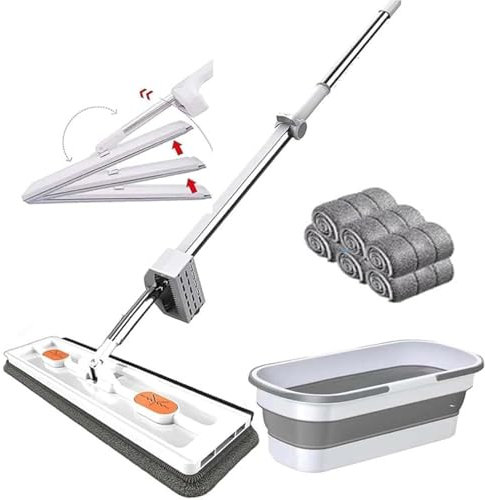 ZHKVAG Streamline Mop, 2024 New Upgrade Style Large Flat Mop, Large Flat Mop with Bucket, Strealinem Mop with 6 Microfiber Pads, 360 Rotating Wet And Dry Use Dust Mop Hand-Wash Free (White)