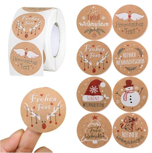 Lotbun 500pcs Aufkleber Weihnachten Rund, Kraftpapier Weihnachtsaufkleber auf Rolle,aufkleber frohe weihnachten selbstklebend frohe für Geschenkverpackung (4cm)
