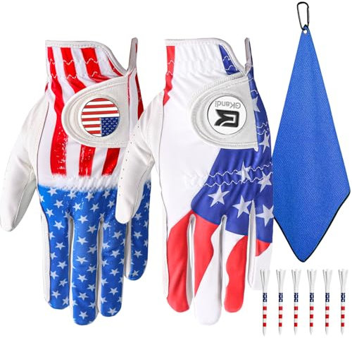 Golf Gloves Men Right Handed Golfer Left Hand Leather Value 2 Pack with 2 Ball Marker 1 Towel 6 USA Flag Golf Tees 3 1/4 Inch Mens Golf Glove (USA Flag, Small (Worn On Left Hand))