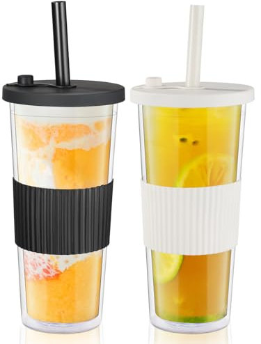 autumndeer 2 Pack Reusable Boba Cup, 750ml/24oz Clear Double Wall Insulated Smoothie Tumbler with Wide Straw & Lid, Leakproof Plastic Cups Smoothie Cup Tumbler for Bubble Tea, Milkshake, Iced Coffee
